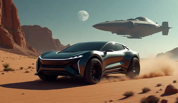 a futuristic SUV rushes through the desert at night , a spaceship 