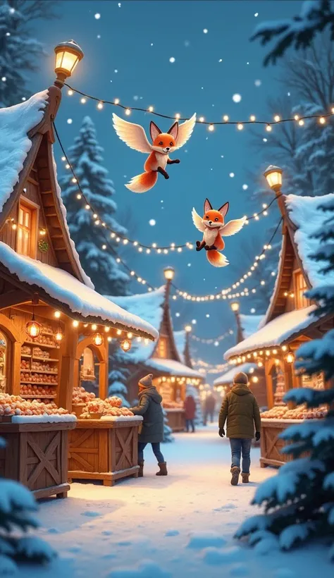 A charming Christmas market nestled in a snow-covered village, with ice-glittering tents that sparkle like diamonds. Adorable foxes with warm, glowing tails and tiny ice dragons with fluffy wings fly between the market stalls, spreading twinkling lights. S...