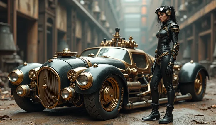 steampunk car , Standing next to the car is a sexy SteamPunk punk girl