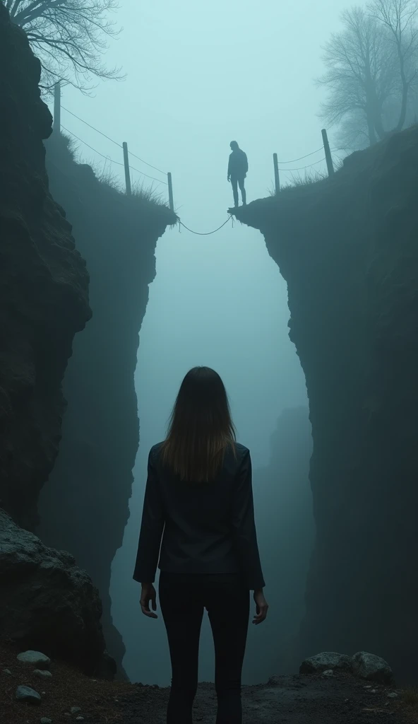 First-person perspective (POV) from the driver, standing at the bottom of a rocky ravine, looking up toward the top of the cliff. In the distance, partially obscured by thick fog, the silhouette of a woman in her mid-30s stands at the edge of the cliff, he...