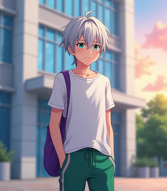 A 17-year-old anime man , anime To love ru,  soft lighting ,  He is standing outside the entrance of a huge white school with blue tinted windows in the city of Tokyo during the afternoon with few clouds and an orange sky, He is 1,71 cm, You have silvery-g...