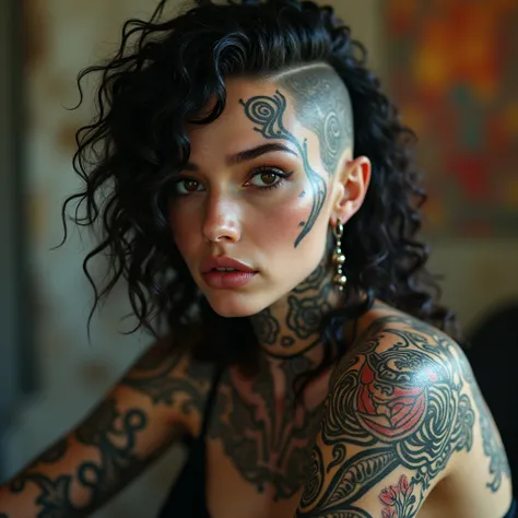  tattoos ,  with well-defined curves ,  Morgana has a strong body . your skin is fair, and her ,  black and colored ,  Her curly undercut hair , including the face,  with a shaved side and the scalp tattooed .  that combines delicacy with power ,  covers h...