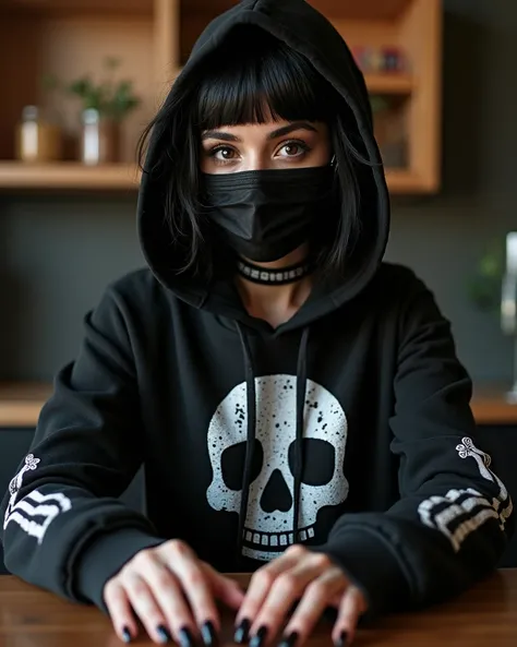 Scene of a beautiful woman with very short hair, with no fringes,  with a black skull hoodie ,  with a black mask ,  and nails painted black ,  with her hands on a table ,  black hair , rocker style, dark brown eyes.  and no bangs in her hair , Capus cover...