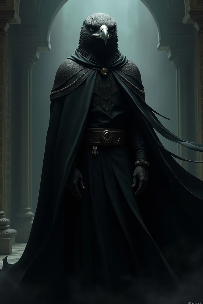 Man with a black cape and falcons head 