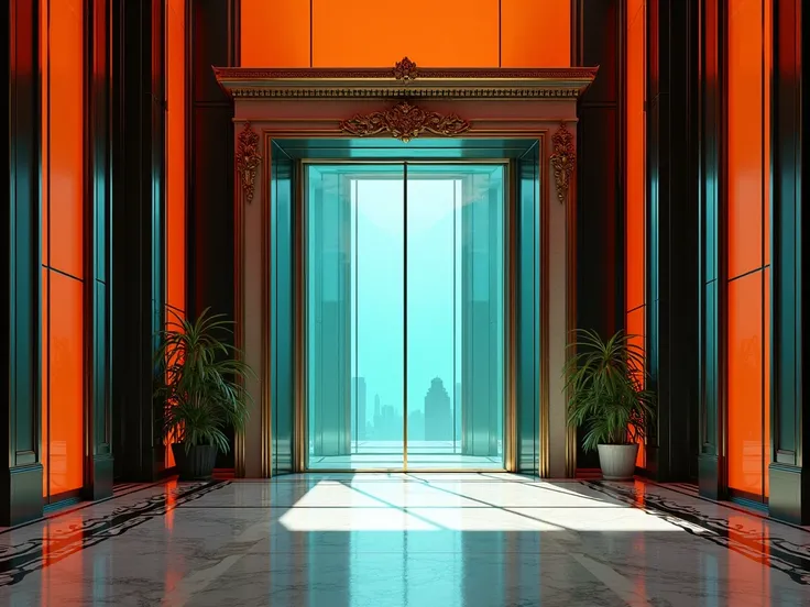 lobby of a museum with aquamarine colors, orange and black,  large glass doors and a spectacular façade