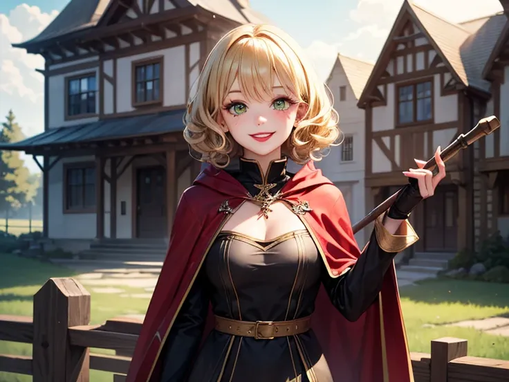 yourself, ,  green eyes , Black Eyeliner,  dark shadows on eyes  ,  blonde hair , short curly hair,  hair tied back , rune tattoo on chin , pale hair , red lipstick, smiling, red cape, black medieval clothing, Blush, fringe, Jewel,  masterpiece , Necessary...