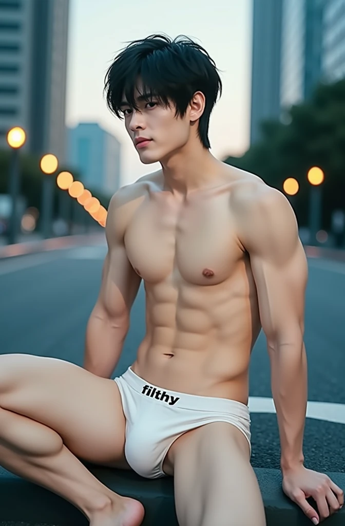  Realistic photo featuring a young man with an athletic body posing in the center urban roads.  His face has firm features with modern style black hair .  His abdominal muscles are very visible  (six-pack),  show a very awake body definition .  He wears sk...