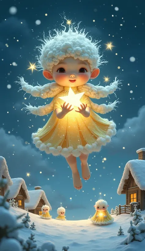 An ethereal creature with a golden cloud-like body floats above a snow-covered village. Its long icy hair sparkles, and its outfit appears to be made of frozen flower petals. It holds a glowing star in its hands, illuminating the night, while tiny snow spi...