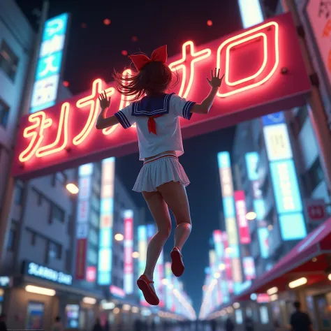 Haunting Live-Action, Extremely Detailed KAWAII JK Diving from Glico Running Man at Doutonbori, Sparkling, LifeLike Rendering, MotionBlur, (XLabs F.1 Realism LoRA V1), White Sailor Uniform with Thongs, Red Ribbon Ponytail hair fluttering in the wind, Profe...