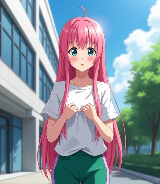  A 17-year-old anime lady , anime To love ru,  soft lighting ,  She is standing outside the entrance of a huge white school with blue tinted windows in the city of Tokyo during the afternoon with few clouds and an orange sky,  measures 1 , 70 cm in height ...