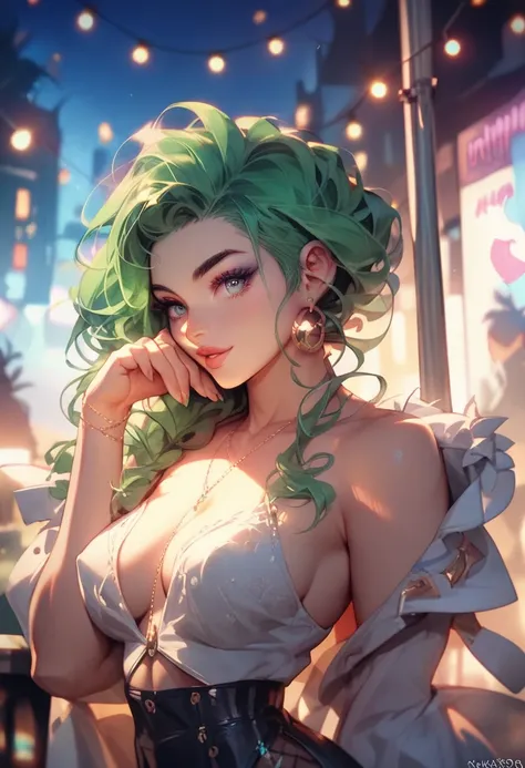 #woman, #gorgeous, #green hair, #mini dress, #beautiful chest, #no bra, #night, #city, #lights