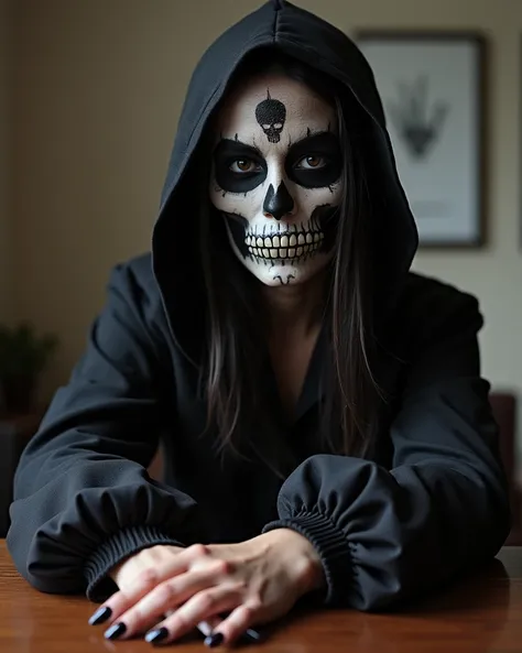  SCENE OF A WOMAN WITH HER HAND ON THE TABLE,  WITH A BLACK SKULL BLOUSE ,  WITH HER CAPUS COVERING HER HAIR ,  WITH HER FINGERNAIL PAINTED BLACK ,  VERY ROCKY STYLE ,  WITH BLACK MASK WITH A SKULL SYMBOL , with dark brown eyes,  AND A BLACK EYESHADOW , AN...