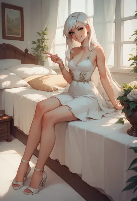  A young teenage girl with long white hair, warm smile,  with big green eyes ,light skin,  full body she sits on the bed , long white dress, Scenario a modern bedroom  