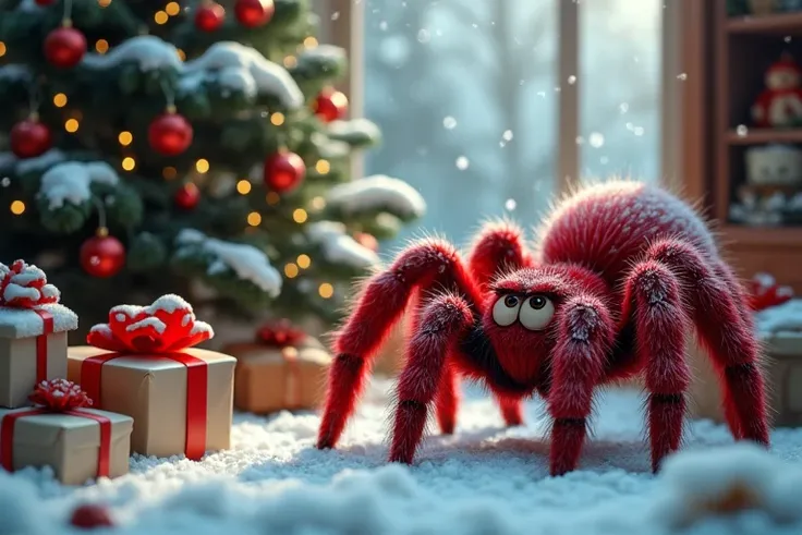 A whimsical winter scene featuring a curious red big eyed tarantula standing in a snow-covered forest. The tarantula, with its bright red fat legs, crawls into a cozy living room decorated for Christmas. The room is warm, with soft, glowing lights on a lar...