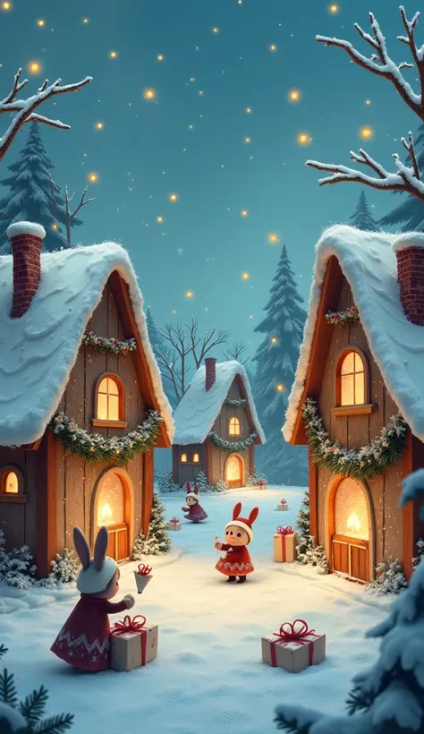  A magical village where little elves with pointy ears scurry around, wrapping presents and decorating houses with enchanted garlands of pine. The houses are made of candy and enchanted sweets, with glass windows revealing fireplaces burning with blue fire...