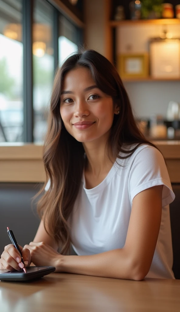 Femme au physique rond petite type algérienne à la table Macdonald, femme bouche qui fait un bisous, cheveux longs lisses couleur brun foncé, habiller dun tshirt blanc, poitrine petit, sac a main a cote delle cle et telephone sur la table, 