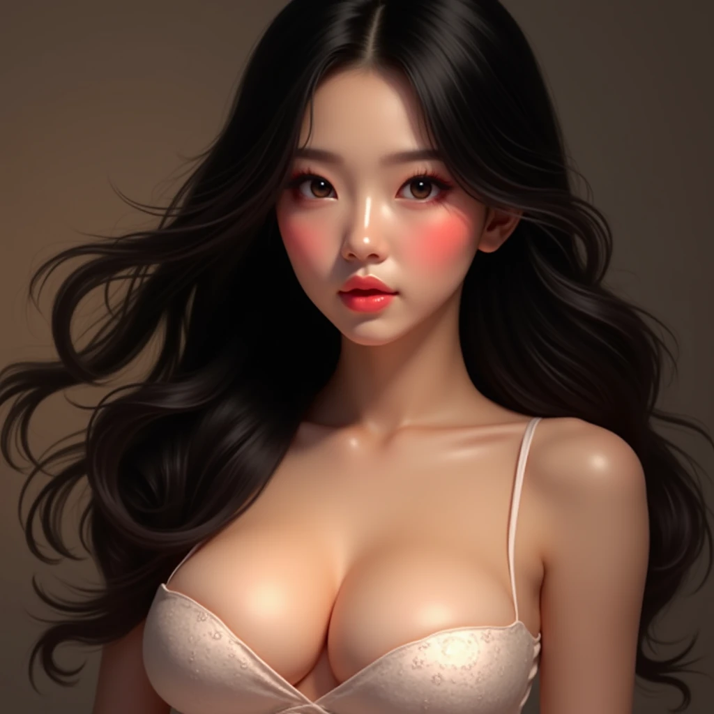 (High Definition Image:1.6),  Gestures,  professional photo ,  ultra fine ,Beautiful Asian girl with round face ,Pinkish red cheeks,With red skin , with glazed tile skin ,  Perfect Skin , ( black long hair),   eye detail  ,  huge breasts , (cleavage:1.2), ...