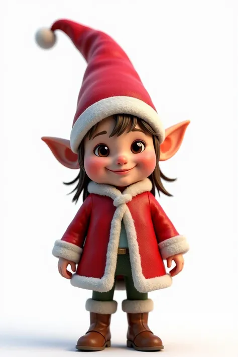  A jovial and friendly girl gnome rendered in 3D designed to create a cheerful and warm environment , suitable for ren .  The gnome is in the center of a pure white background ,  completely visible from head to toe .  It has a skinny and pretty appearance ...