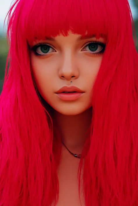 a close up of a woman with long red hair and a necklace, a portrait inspired by Cosmo Alexander, tumblr, tachisme, red dyed hair, bright red hair, pink and red color style, pink straight hair, bright pink highlights, vibrant red hair, red colored, pink hai...