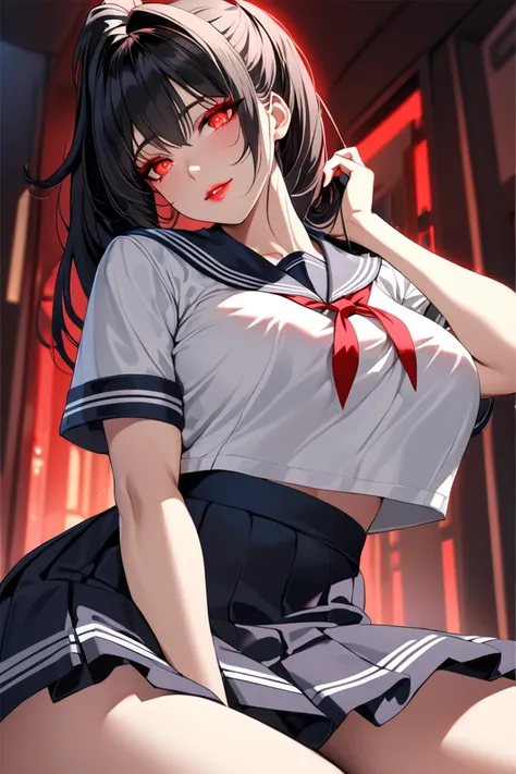 Highest quality　masterpiece　High resolution　masterpiece, black messy hair, high pony tail, thick and beautiful hair, middle parted hair 　red glowing Eyes, seductive lips, teasing smile, sailor uniform , big breast, beautiful make up, very beautiful , very ...