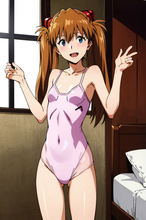 (( best quality)), ((masterpiece)), (be familiar with),  perfect face, indoor, bedroom,  viewer,
One woman,  Soryu Asuka Langley ,
 open mouth,  ecstatic expression with hands in front of body, blush, smile,
Small breasts,  flat chested, Young girl, Lori, ...