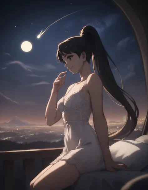 score_9, score_8_up, score_7_up, gsfghtr, Lingerie-Style Dress, long ponytail hair, black hair 1girl, bright, best lighting, smile, on top of mountain, city lights at night, moon, shooting stars