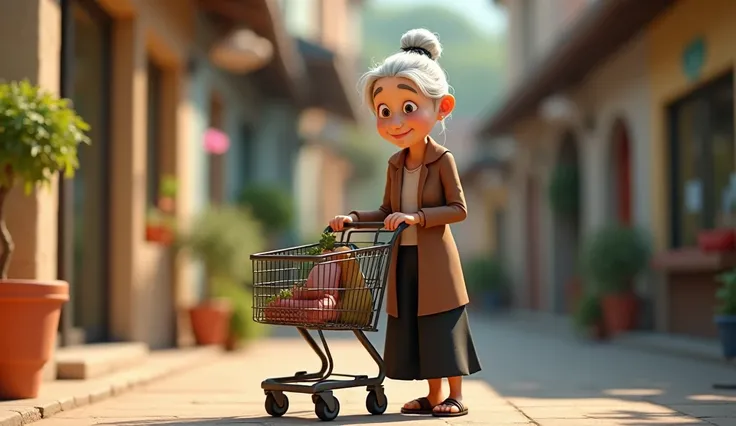  A 70-year-old old woman with neatly tied silver hair, wearing a long brown blouse ,  black pants and brown sandals ,  holding a shopping cart Style :  unique Pixar 3D style .