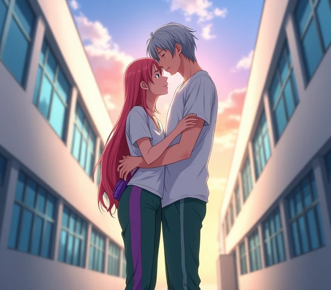 A 17-year-old anime couple , anime To love ru,  soft lighting , They are standing ( The man kisses the forehead of the lady )  outside at the entrance of a huge white school with blue tinted windows in the city of Tokyo during the afternoon with few clouds...