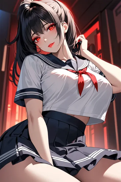 Highest quality　masterpiece　High resolution　masterpiece, black messy hair, high pony tail, thick and beautiful hair, middle parted hair 　red glowing Eyes, seductive lips, teasing smile, sailor uniform , big breast, beautiful make up, very beautiful , very ...