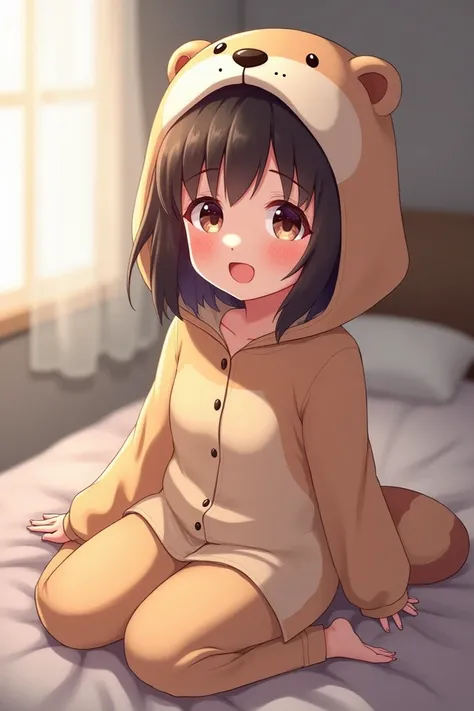 Make an anime girl with size 2-3 breasts in otter pajamas and a hat that looks like an otter face