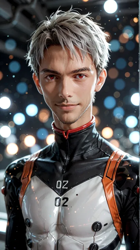 nagisa kaworu (evangelion), plugsuit, male focus, 1boy, (18 years old) red eyes, solo, smile, bodysuit, grey hair, interface headset, looking at viewer, blue and black pilot suit, futuristic lab bokeh. 