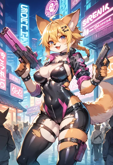 score_9, score_8_up, score_7_up, score_6_up, score_5_up, score_4_up, hires, source_furry, cover page(1girl, heroine, kemono, furry, anthro, detailed body Fur, torn clothes)shoots weapon, alluring neon-glow, steam-punk world, gothic atmosphere, sensuality o...