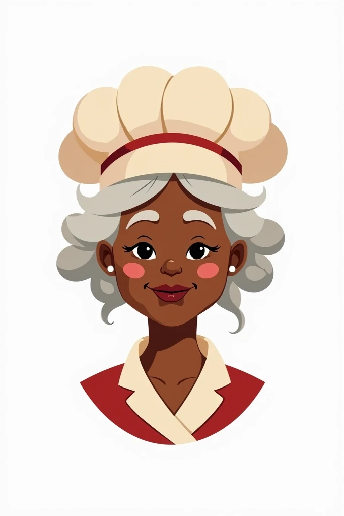 Llama on a white background ,  create a dark-skinned grandmother character , with fair hair with a cooks hat in a logo style 