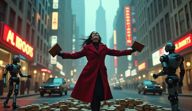 woman in dark red coat screams she holds a book in her hands and has her arms outstretched, a pile of books on the floor around her, robots walking around, futuristic city, flying cars, neon lights, 1920s, 4k, bended horizon, sharp focus, Fujifilm XT3, dsl...