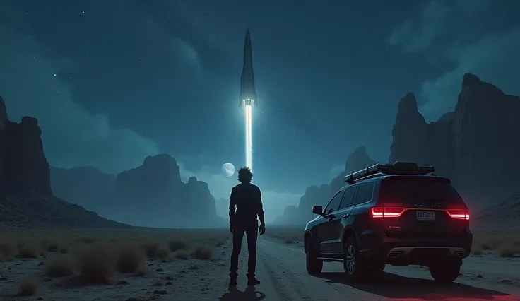 at night in the desert, a rock musician watches a spaceship rise into the sky near an SUV