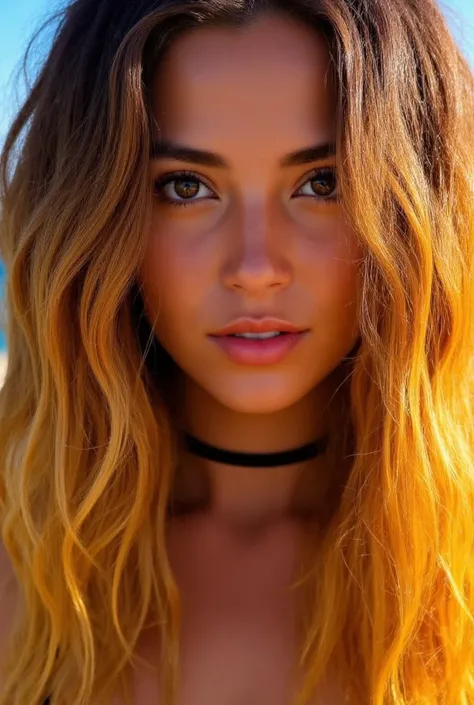 a close up of a woman with long wavy ombre hair and a chokee, a perfect portrait inspired by Cosmo Alexander, tumblr, tachisme, sexy beach waves hair, ombre sunbleached hair, surfer beach girl style, brown/blonde ombre hair, bright blonde highlights, vibra...