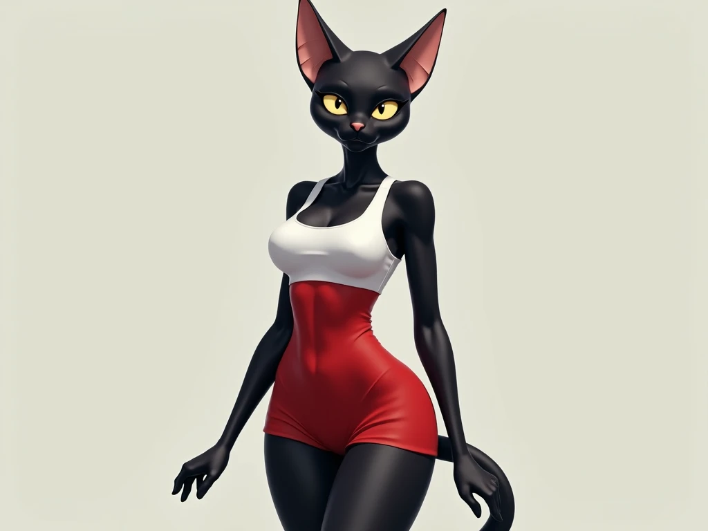  An anthropomorphic cat girl , in black ,  wearing a red miniskirt and a white top