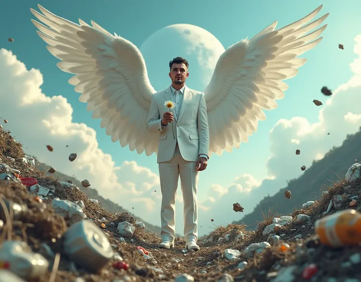   Create a realistic close-up image of ,   The image shows a man in a white suit ,  with huge white angel wings behind him . He is standing on a hill ,  covered in garbage and stones .  Clouds and a big moon are visible in the sky .

 A man holding a small...