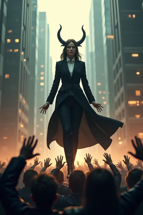 A woman in a suit who sells to the devil to society by stepping on the needs of the people 
