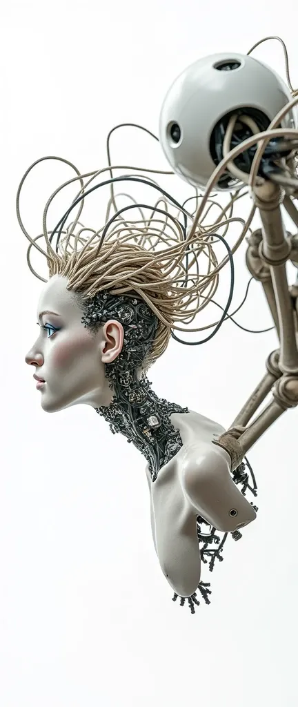 In the professional realistic photography style, a humanoid with a human appearance has a semi-disassembled profile, connected to cables, her hair is arms, blue eyes