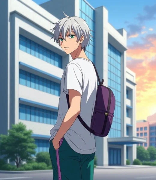 A 17-year-old anime man , anime To love ru,  soft lighting ,  He is standing outside the entrance of a huge white school with blue tinted windows in the city of Tokyo during the afternoon with few clouds and an orange sky, He is 1,71 cm, You have silvery-g...