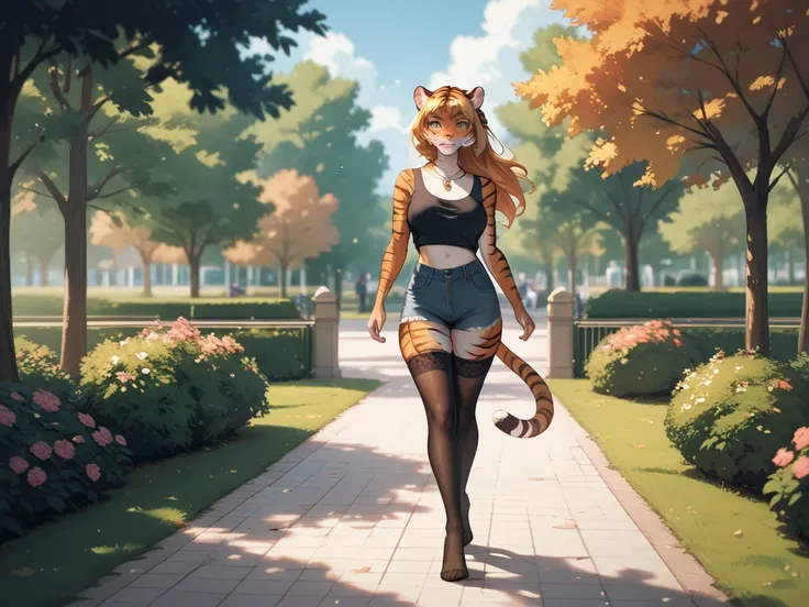  An anthropomorphic tiger girl, very short red miniskirt , black top.  high stockings .  walking in the park ,  at night