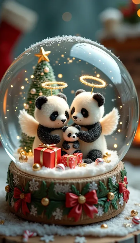 A magical Christmas scene inside a snow globe featuring a tiny, fluffy panda bear family. The mother and father panda bears are gently holding their two baby pandas, all adorned with delicate angel wings made of soft feathers and golden halos shining above...