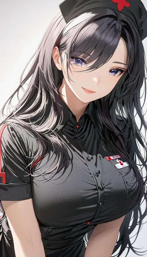 aawiz, long hair, ahoge, hair over one eye, large breasts, ,(nurse),(black nurse cap:1.3),(black nurse dress:1.3),smile((masterpiece, best quality1.5)),((masterpiece1.5)), ((best quality1.5)), (ultra-detailed1.5)