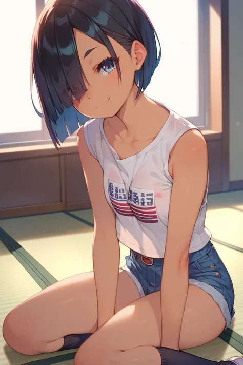 ((masterpiece, Highest quality, Ultra-high resolution)), 1girl , Loli,(Elementary School Student:1.5),(Sanpaku Eyes),bob black hair,hair over left eye,sunburn,((Clear expression of body unevenness)),Sleeveless T-shirt,Denim hot pants,japanese room,tatami