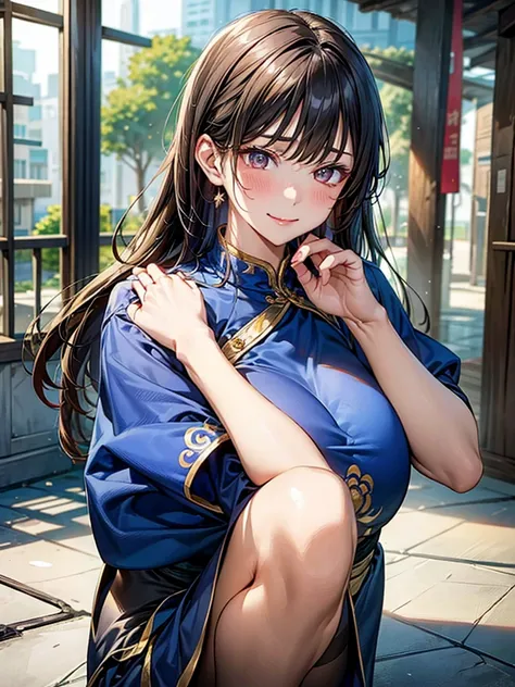 Chun-Li from Street Fighter 2, Perfect Chun Li Costume, Blue Chinese Style Dress with Golden Lines,Bunhead,Good cover, battle pose ,  Masterpiece 、 1 beautiful girl with raised cheeks 、  beautiful eyes 、Swollen eyes、  best quality , 超 high definition , (re...