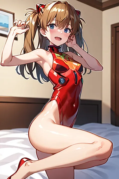 (( best quality)), ((masterpiece)), (be familiar with),  perfect face, indoor, bedroom,  viewer,
One woman,  Soryu Asuka Langley ,
 open mouth,  ecstatic expression with hands in front of body, blush, smile,
Small breasts,  flat chested, Young girl, Lori, ...