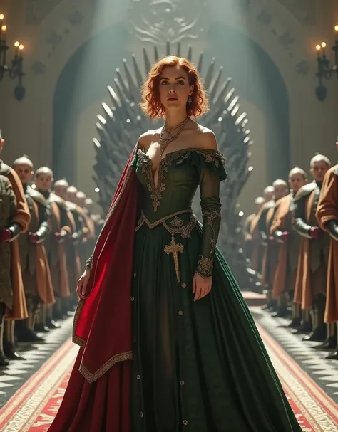 (fullbody shot:1.1): (long shot:1.1): (looks to viewer:1.1): generate landscape image, bright photo 1080P, beautiful XL-size woman 30-35 years 5.1ft with short dark red sort wavy hair her face is brightly lit, stands before the swords throne of Targaryen i...