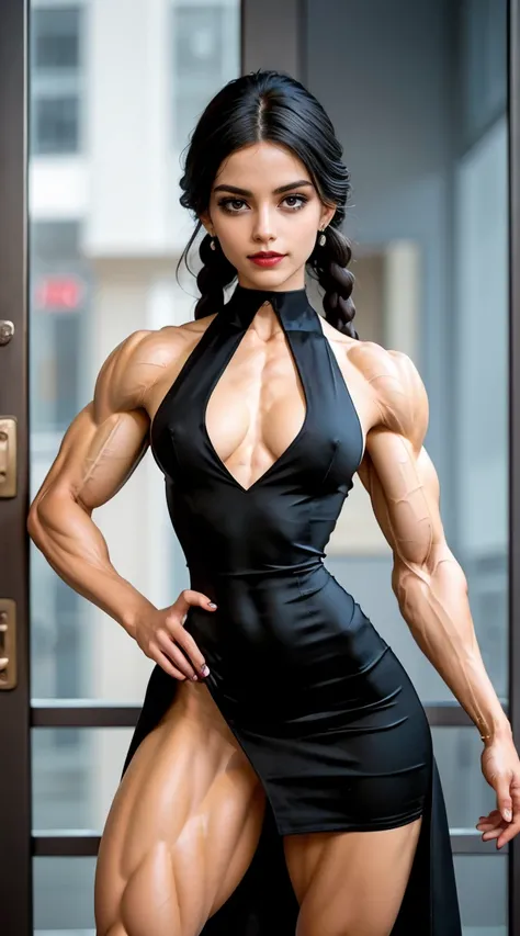 (muscular:1.9), (thick thighs:1.7), (striations), (sculpted muscles:1.7), (athletic body:1.5), (muscular body:2),
wednesday_addams, (smile:0.9),
(red lipstick, eyeshadow, red lips, earrings, beauty mark:1.3),
hard nipples, flat chest,
choker, (dress, black...