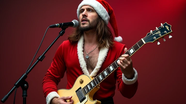 attractive and sexy man ,  international rock singer,  elegant Christmas dress, Singing a Christmas song with a Santa Claus hat, Let him be seen with his full body and with a great pose